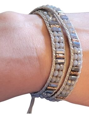 Grey Beaded Double Wrap Bracelet with Metallic Accents